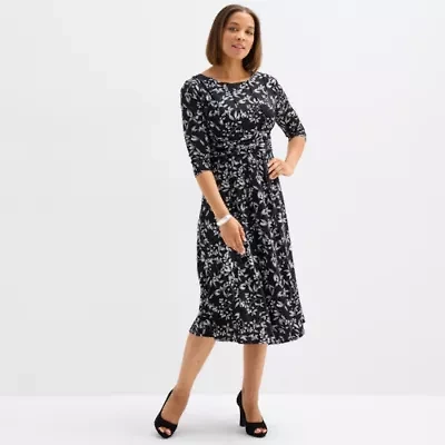 Perceptions Womens 3/4 Sleeve Floral Midi Fit + Flare Dress
