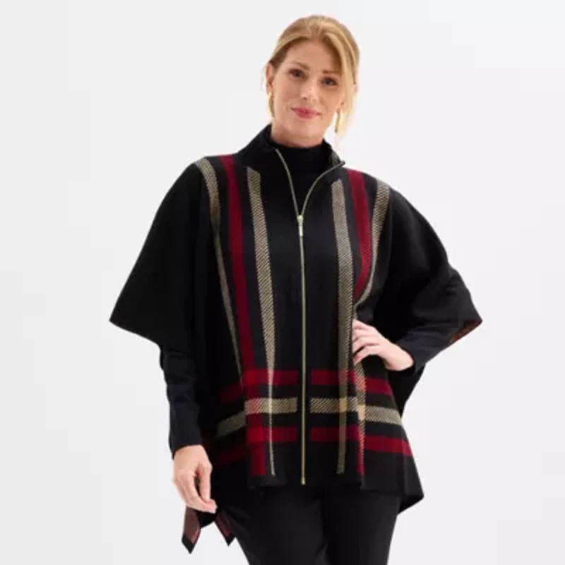 Black Label by Evan-Picone Womens Mock Neck Elbow Sleeve Zipper Cardigan