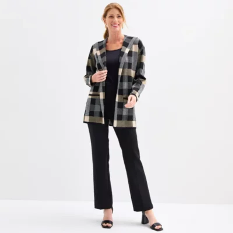 Black Label by Evan-Picone Womens Hooded Long Sleeve Open Front Cardigan