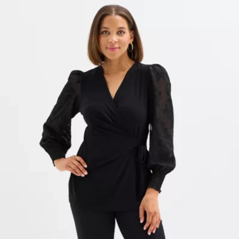 Black Label by Evan-Picone Womens V Neck Long Sleeve Blouse