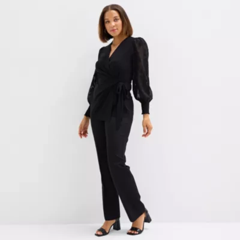 Black Label by Evan-Picone Womens V Neck Long Sleeve Blouse