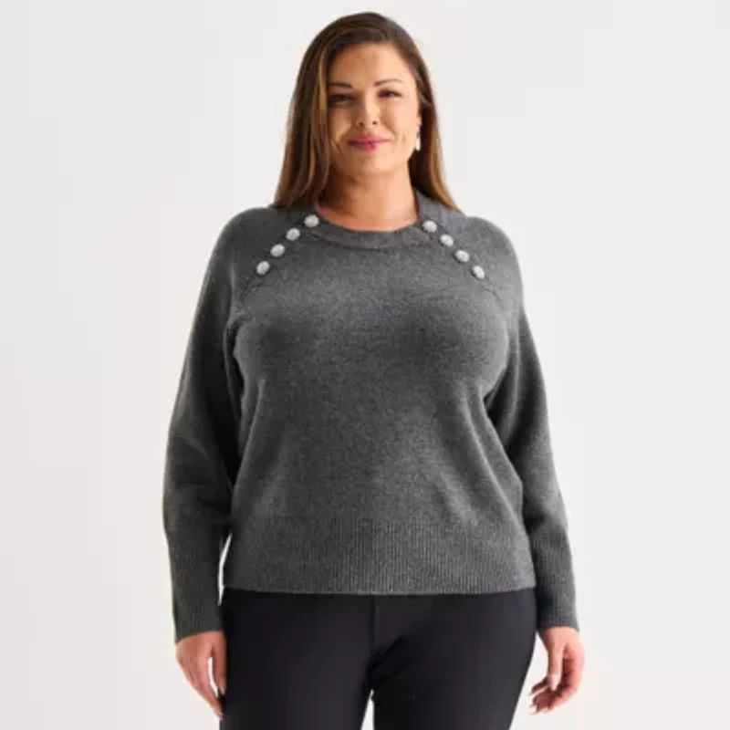 Liz Claiborne Plus Womens Crew Neck Long Sleeve Pullover Sweater