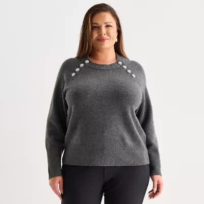 Liz Claiborne Plus Womens Crew Neck Long Sleeve Pullover Sweater