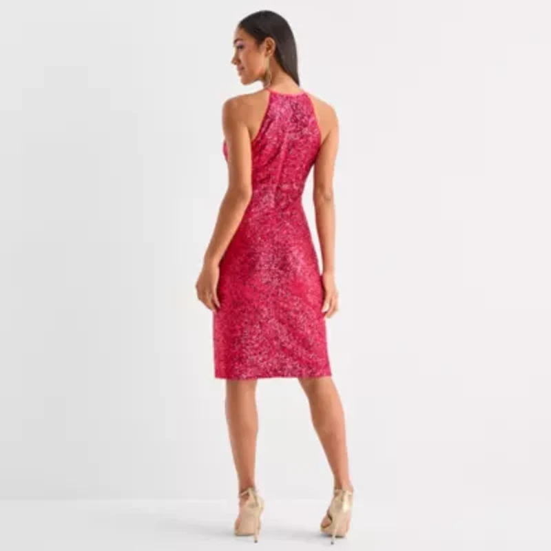 Bob Mackie Womens Sequin Sleeveless Midi Sheath Dress