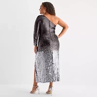 Bob Mackie Womens Plus Long Sleeve Sequin Evening Gown