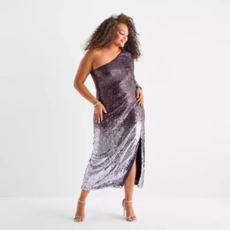 Bob Mackie Womens Plus Long Sleeve Sequin Evening Gown