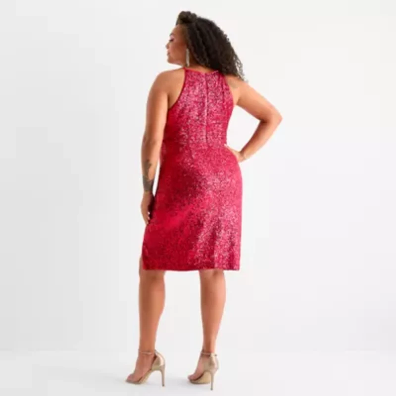 Bob Mackie Womens Sequin Sleeveless Midi Plus Sheath Dress