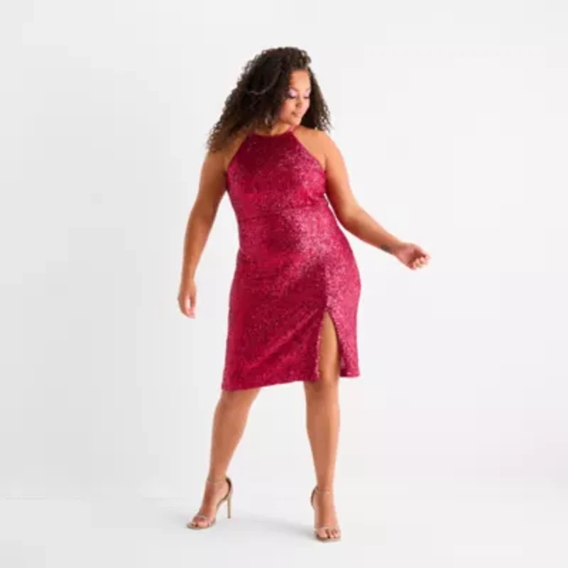 Bob Mackie Womens Sequin Sleeveless Midi Plus Sheath Dress