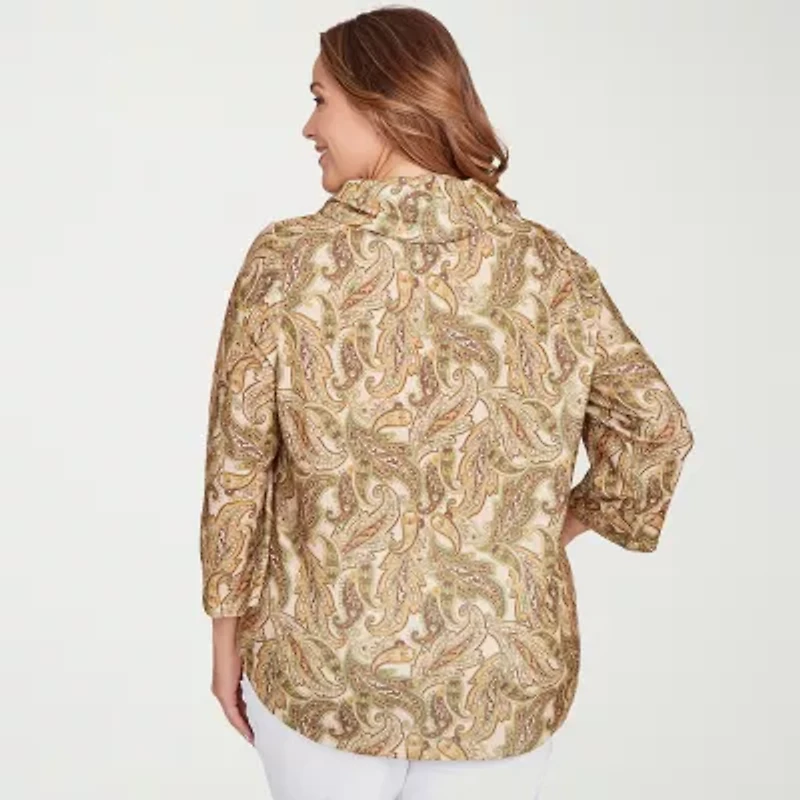 Hearts Of Palm Plus Womens Cowl Neck 3/4 Sleeve Tunic Top