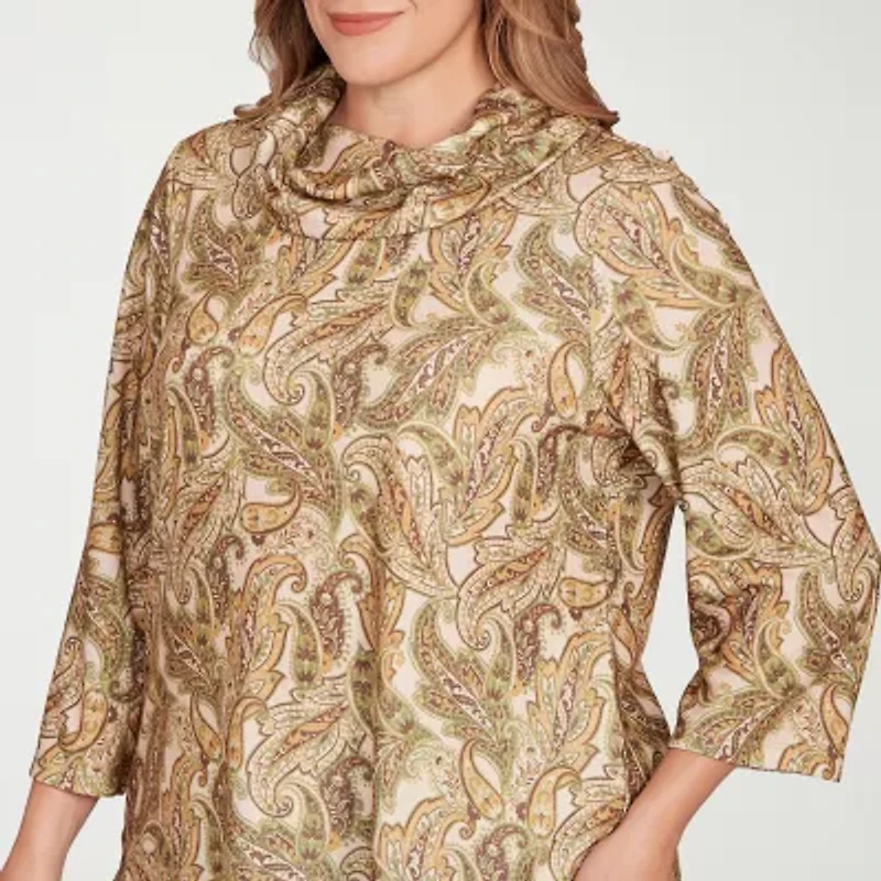 Hearts Of Palm Plus Womens Cowl Neck 3/4 Sleeve Tunic Top