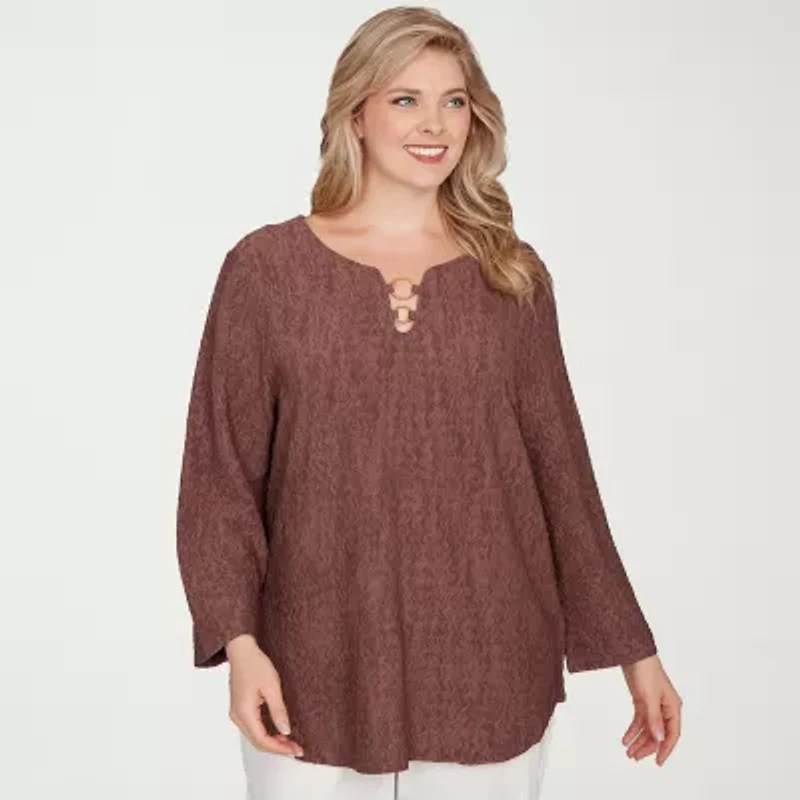 Hearts Of Palm Plus Womens Round Neck 3/4 Sleeve Tunic Top