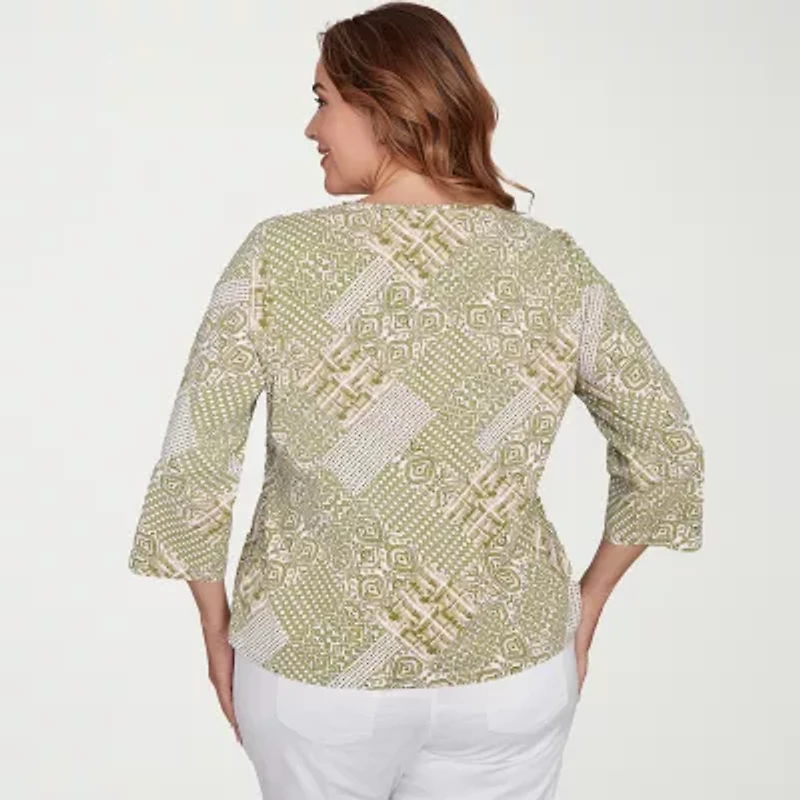 Hearts Of Palm Womens V Neck 3/4 Sleeve Plus T-Shirt
