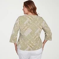 Hearts Of Palm Womens V Neck 3/4 Sleeve Plus T-Shirt
