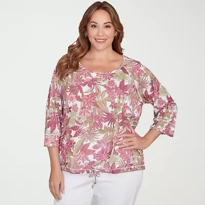 Hearts Of Palm Womens Round Neck 3/4 Sleeve Plus T-Shirt