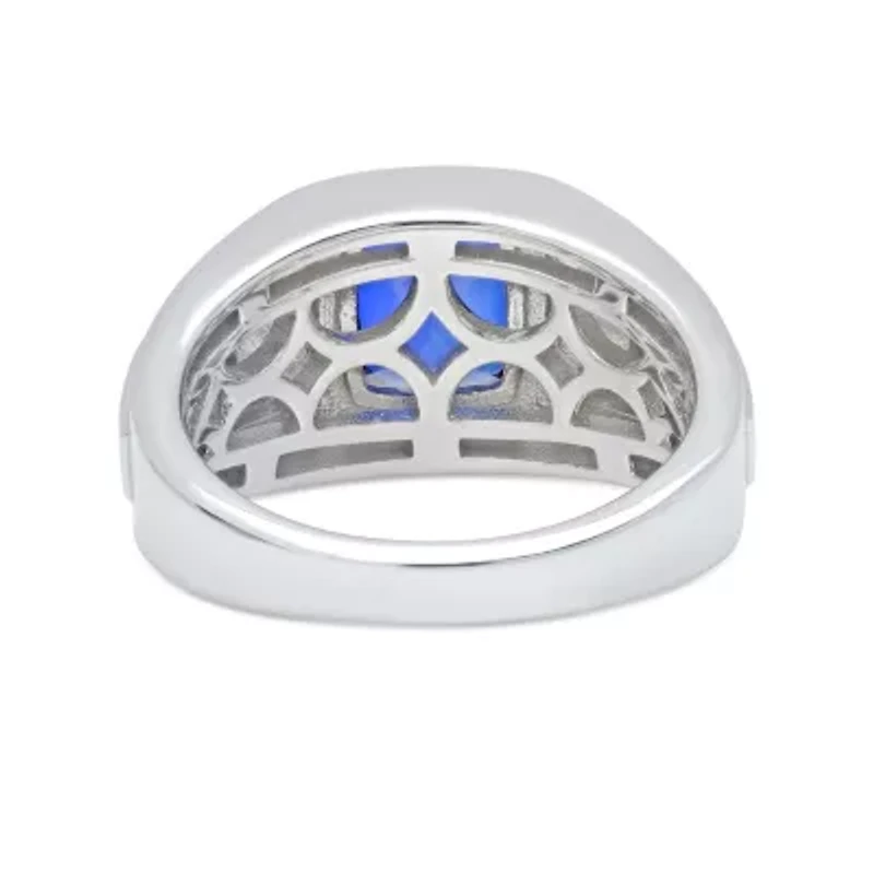 Mens Sterling Silver Lab Created Cushion Cut Blue Sapphire Ring