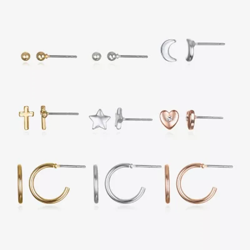 Bijoux Bar Delicates Tri Tone Womens Glass Cross Heart Moon 9 Pair Earring Set