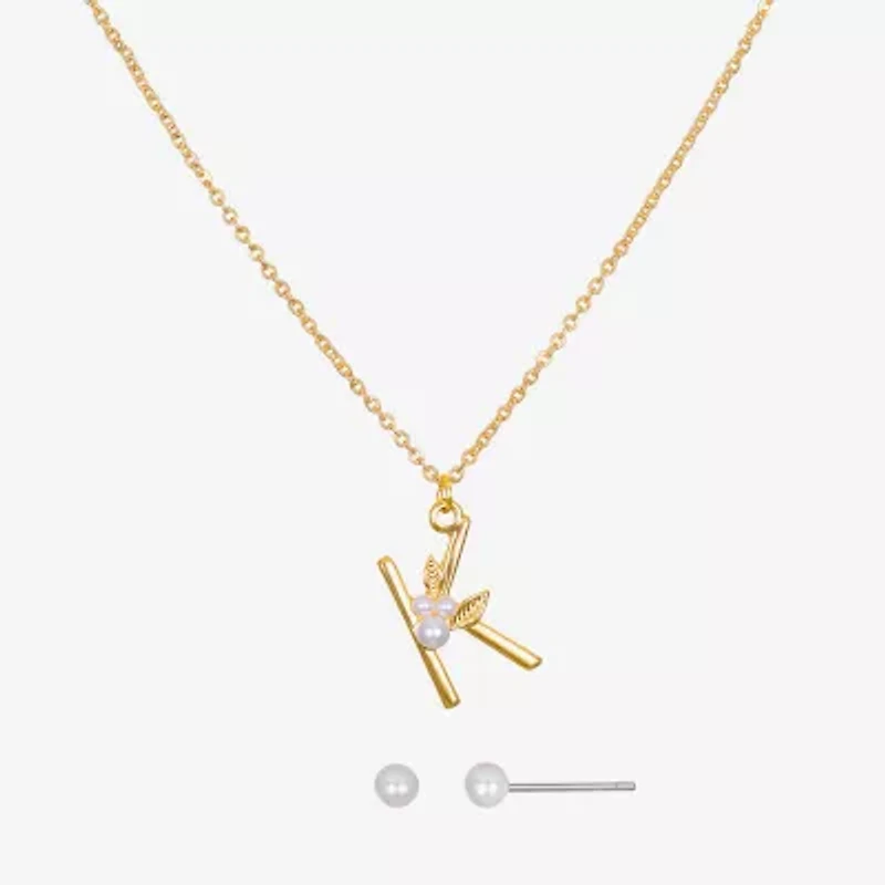 Bijoux Bar Delicates Floral Initial Womens Glass Simulated Pearl 2-pc. Jewelry Set