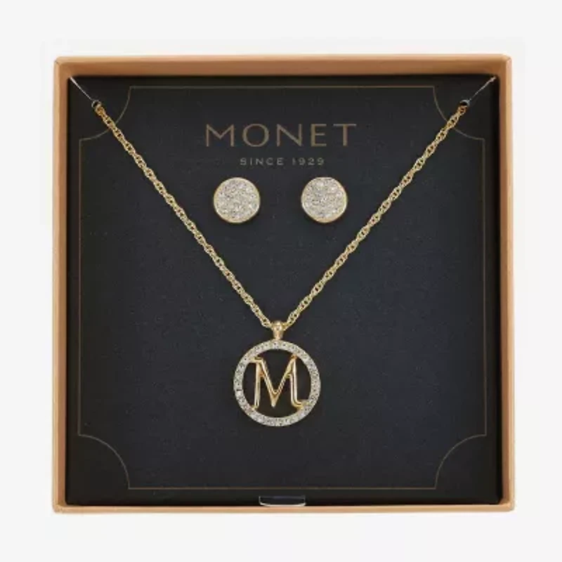 Monet Jewelry Initial Pendant Necklace And Stud Earring Womens Glass Round 2-pc. Jewelry Set