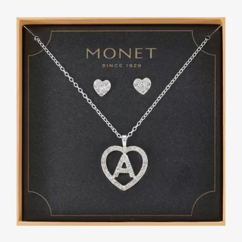 Monet Jewelry Initial Pendant Necklace And Stud Earring Womens Glass Heart 2-pc. Set