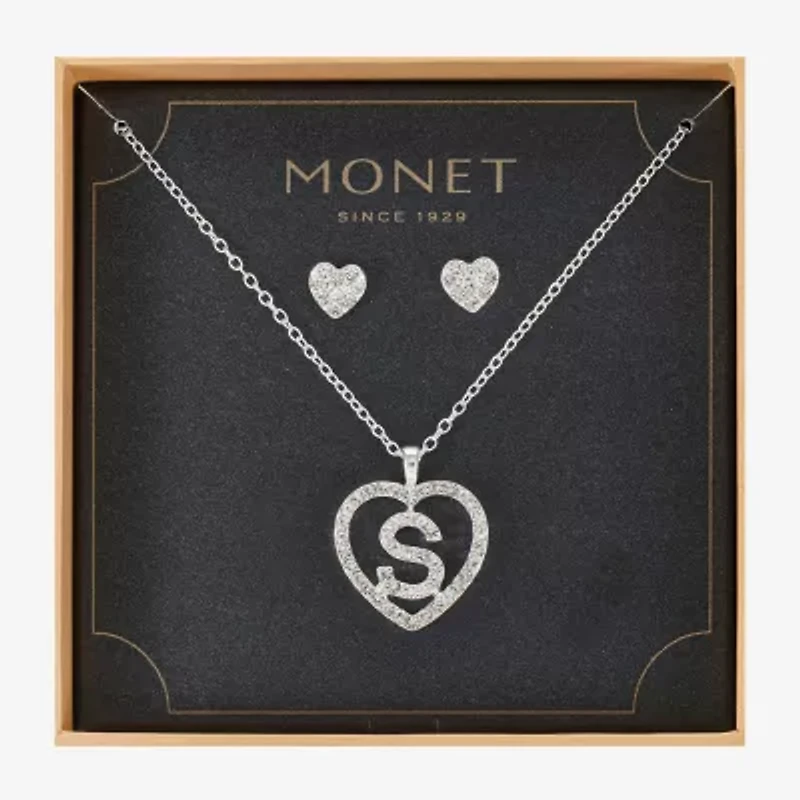 Monet Jewelry Initial Pendant Necklace And Stud Earring Womens Glass Heart 2-pc. Set