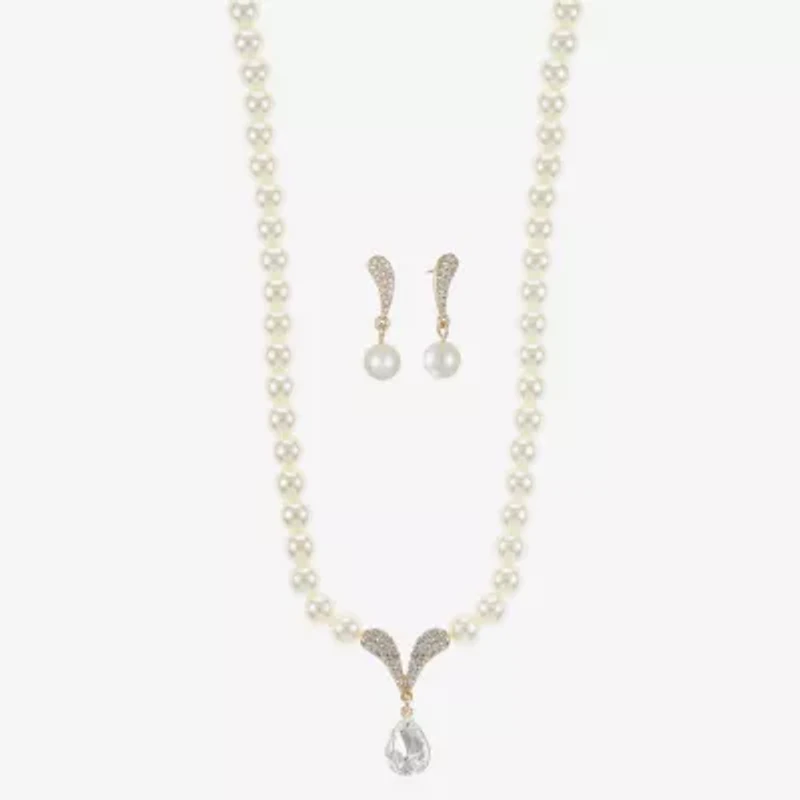 Monet Jewelry Collar Necklace And Drop Earring Womens Glass Simulated Pearl 2-pc. Jewelry Set
