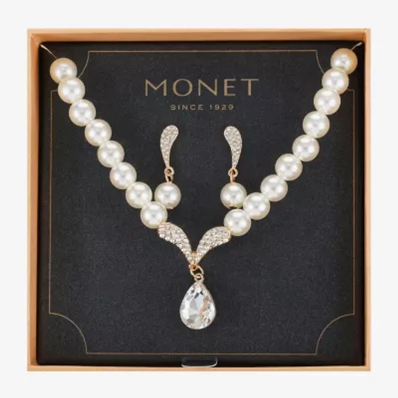Monet Jewelry Collar Necklace And Drop Earring Womens Glass Simulated Pearl 2-pc. Jewelry Set