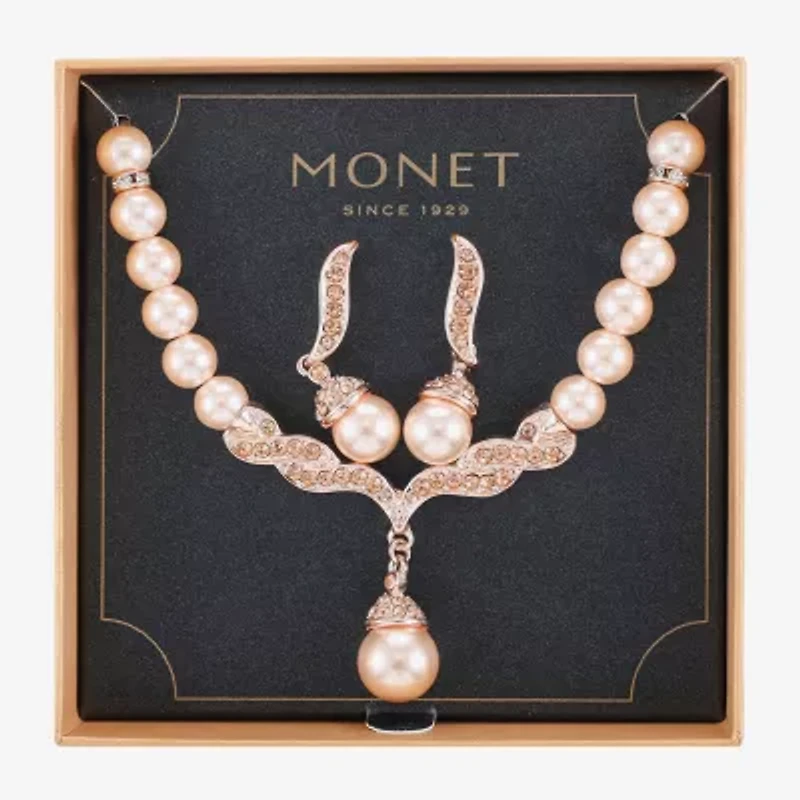 Monet Jewelry Collar Necklace And Drop Earring Womens Glass Simulated Pearl 2-pc. Jewelry Set