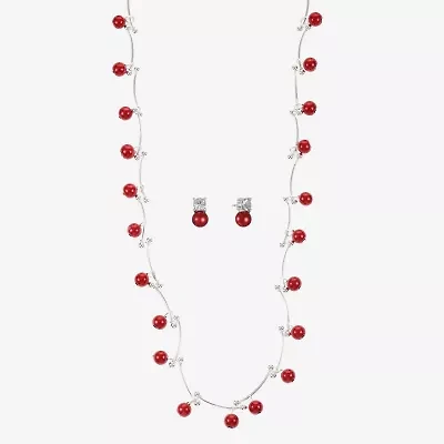 Monet Jewelry Timeless Silver Tone Collar Necklace And Stud Earring Womens Glass Simulated Pearl Round 2-pc. Jewelry Set