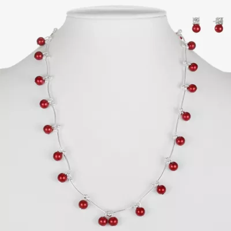 Monet Jewelry Timeless Silver Tone Collar Necklace And Stud Earring Womens Glass Simulated Pearl Round 2-pc. Jewelry Set