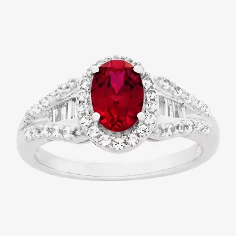 Limited Quantities! Womens Lab Created Red Ruby Sterling Silver Oval Halo Side Stone Cocktail Ring