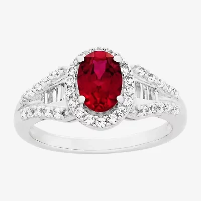 Limited Quantities! Womens Lab Created Red Ruby Sterling Silver Oval Halo Side Stone Cocktail Ring