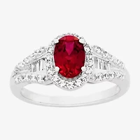 Limited Quantities! Womens Lab Created Red Ruby Sterling Silver Oval Halo Side Stone Cocktail Ring