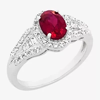 Limited Quantities! Womens Lab Created Red Ruby Sterling Silver Oval Halo Side Stone Cocktail Ring