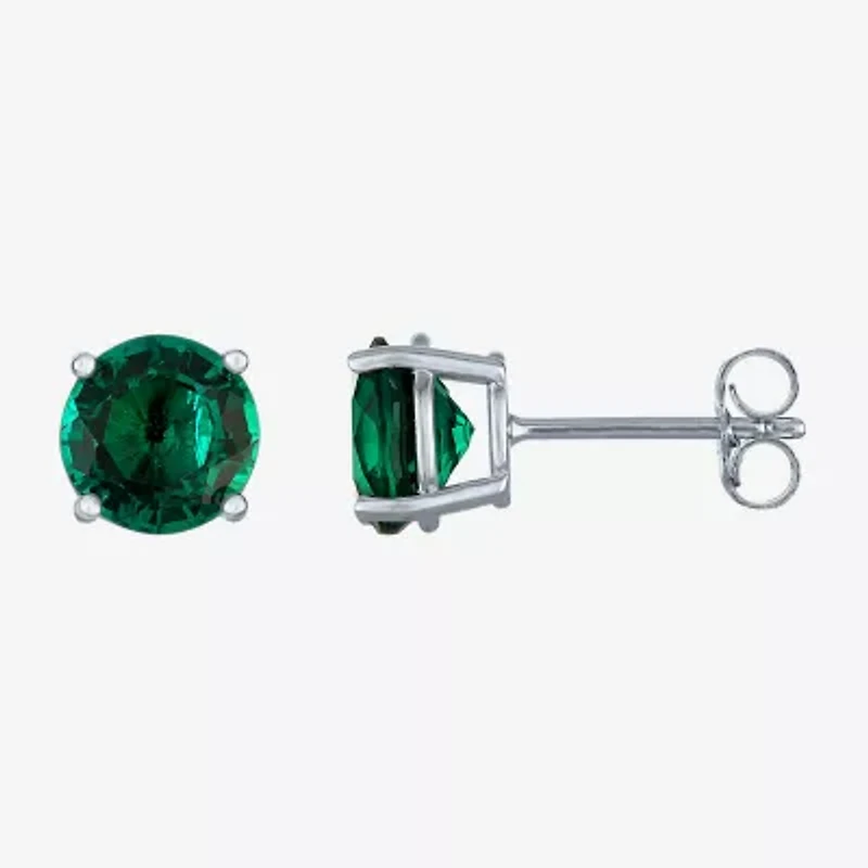 Lab Created Green Emerald Sterling Silver 7mm Stud Earrings