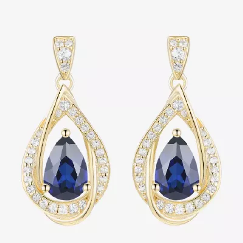 Womens Lab Created Blue Sapphire 14K Gold Over Silver Drop Earrings