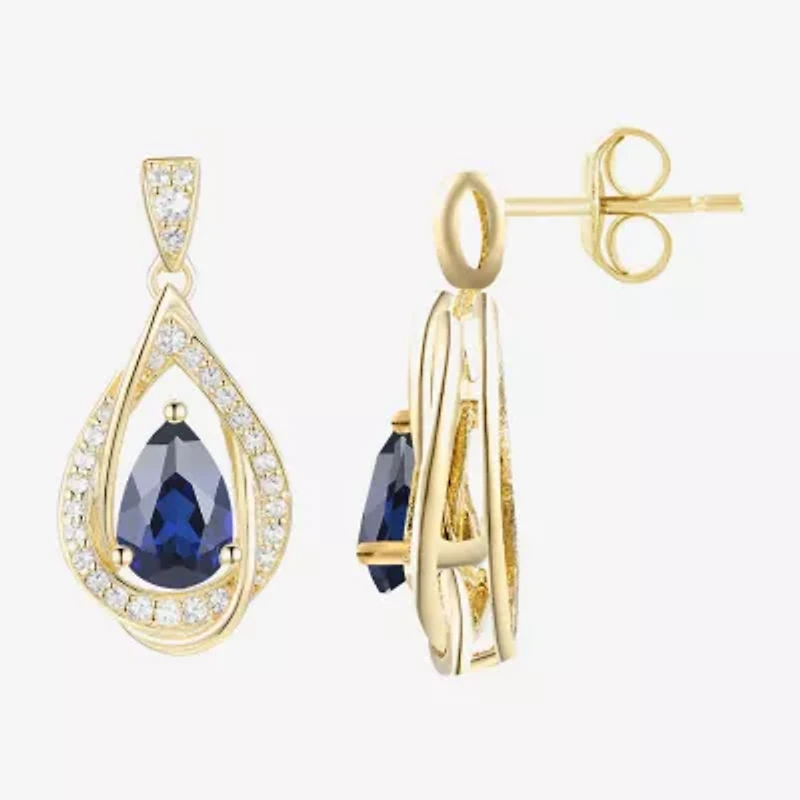 Womens Lab Created Blue Sapphire 14K Gold Over Silver Drop Earrings