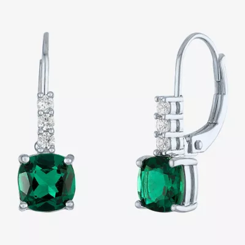 Womens Lab Created Green Emerald Sterling Silver Drop Earrings