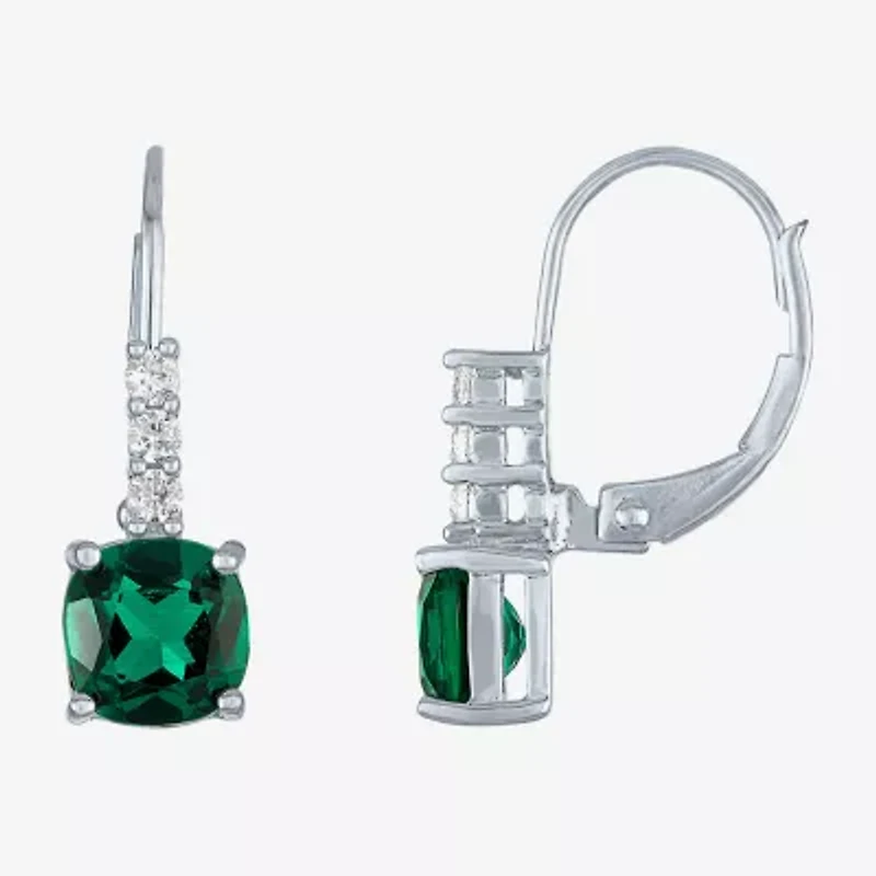 Womens Lab Created Green Emerald Sterling Silver Drop Earrings