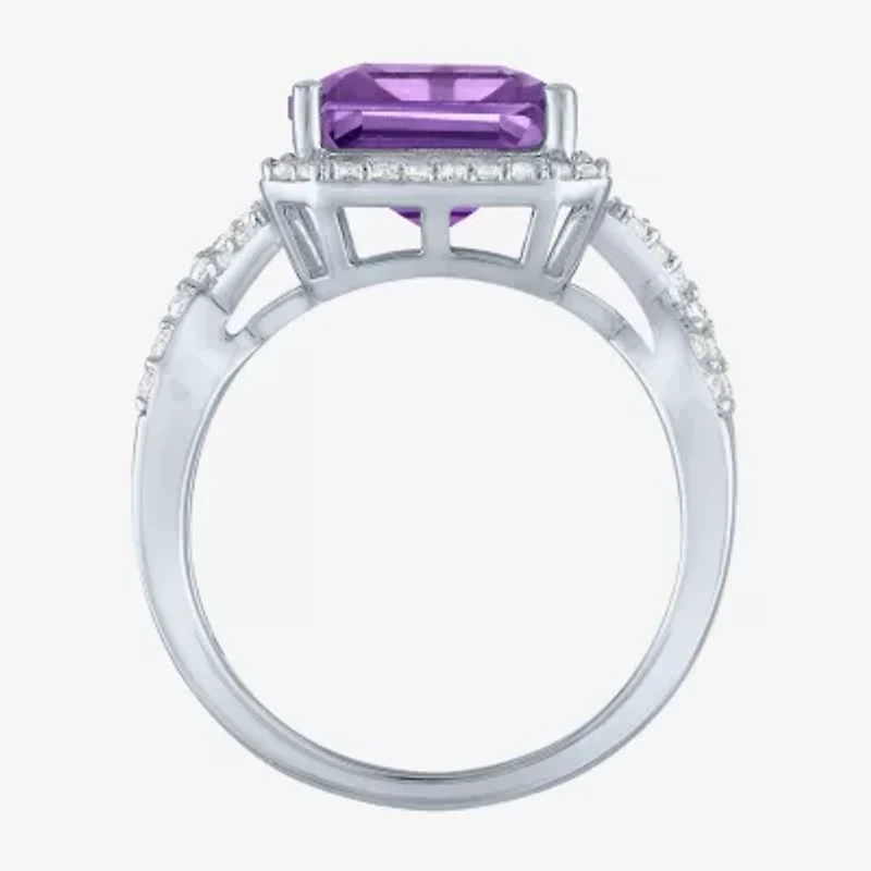 Womens Genuine Purple Amethyst Sterling Silver Cocktail Ring