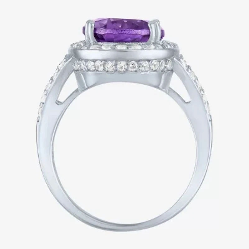 Womens Genuine Purple Amethyst Sterling Silver Oval Cocktail Ring