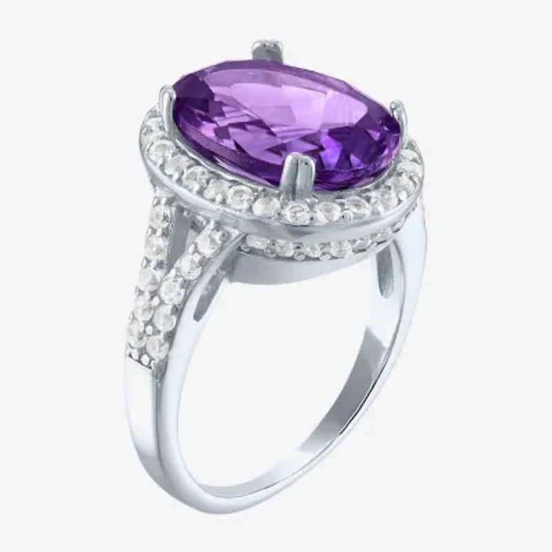 Womens Genuine Purple Amethyst Sterling Silver Oval Cocktail Ring