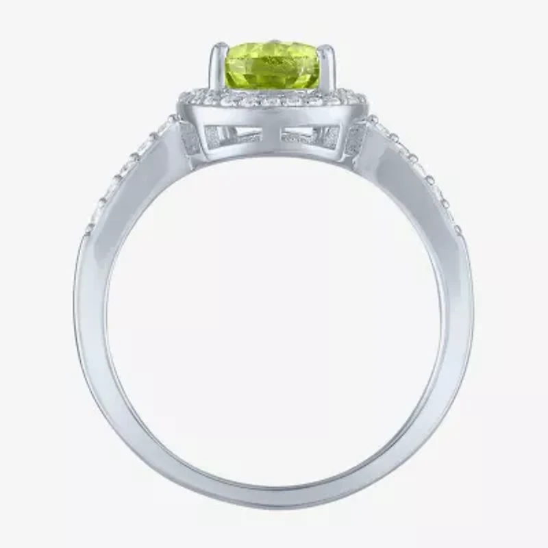 Womens Genuine Green Peridot Sterling Silver Pear Halo Side Stone Cocktail Ring