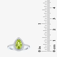 Womens Genuine Green Peridot Sterling Silver Pear Halo Side Stone Cocktail Ring