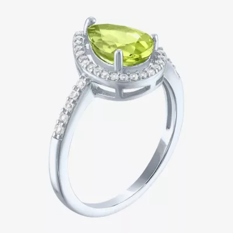 Womens Genuine Green Peridot Sterling Silver Pear Halo Side Stone Cocktail Ring