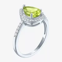Womens Genuine Green Peridot Sterling Silver Pear Halo Side Stone Cocktail Ring