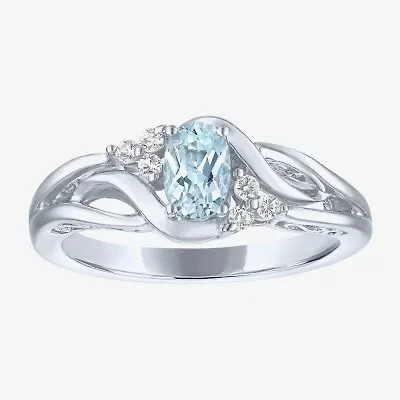 Womens Genuine Aquamarine & Lab-Created White Sapphire Sterling Silver Cocktail Ring
