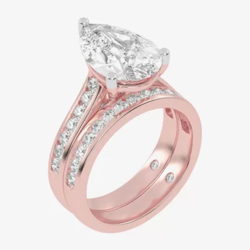 (G-H / Vs2-Si1) Womens 5 CT. T.W. Lab Grown White Diamond 14K Gold Pear Side Stone Bridal Set