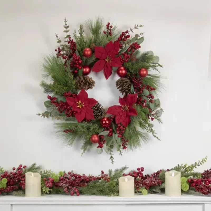 Northlight 28in Red Berry And Poinsettia Wreath