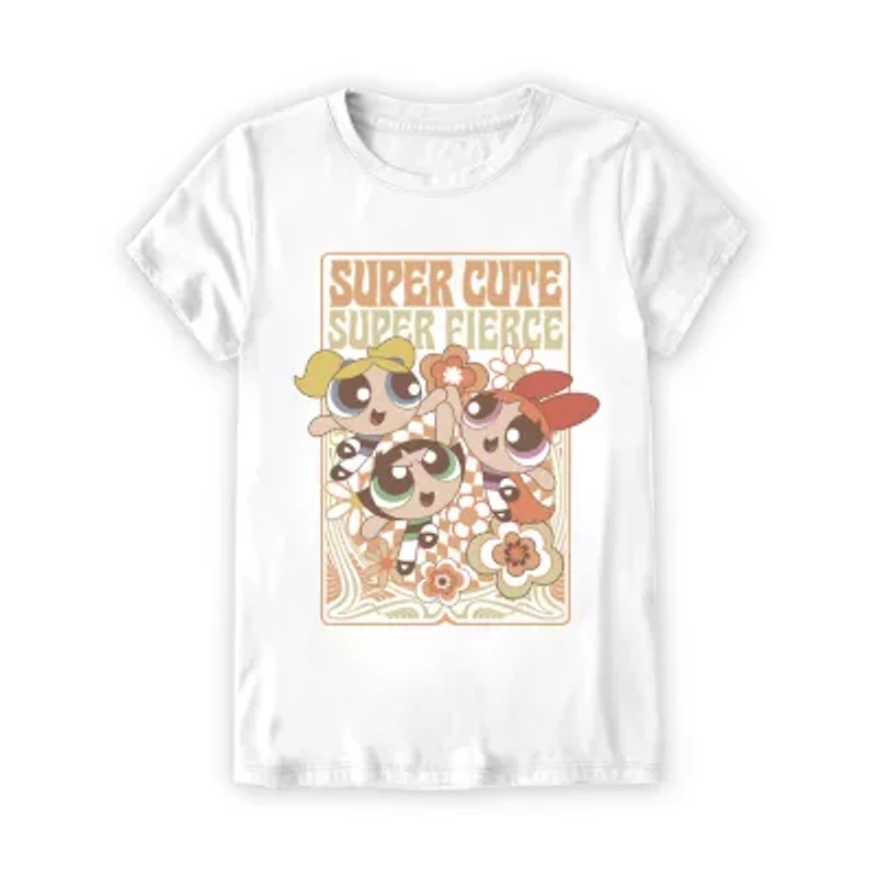 Little & Big Kid Girls Round Neck Short Sleeve Regular Fit Powerpuff Graphic T-Shirt
