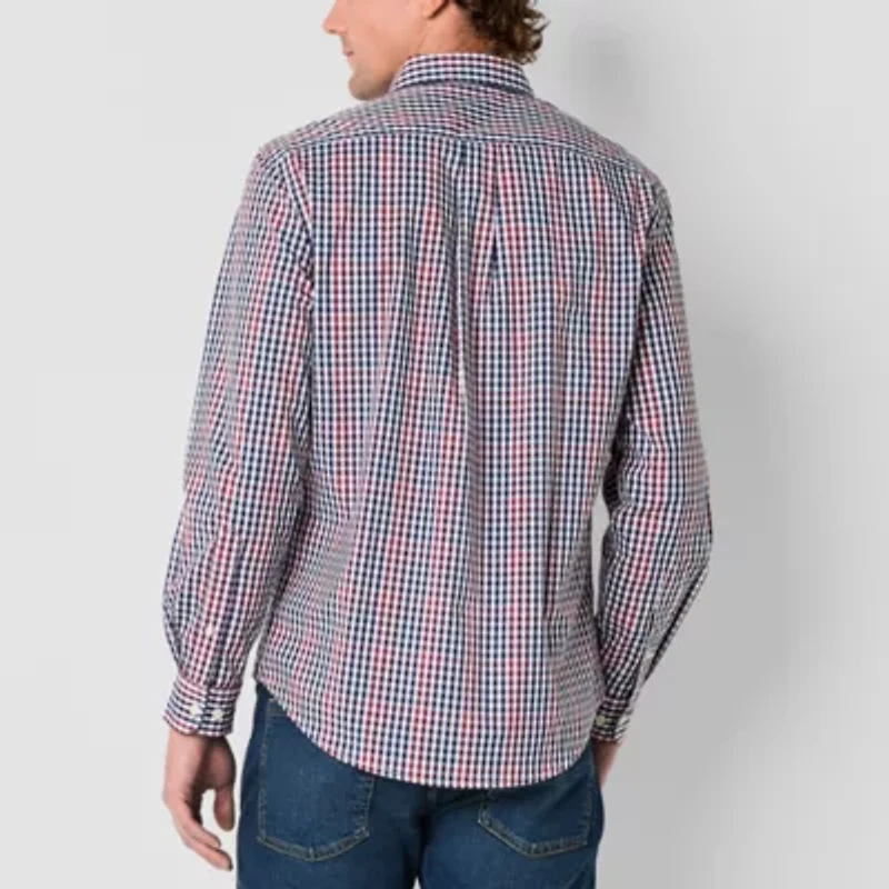 U.S. Polo Assn. Cotton Stretch Poplin Mens Y Neck Long Sleeve Classic Fit Fabric Embroidered Button-Down Shirt